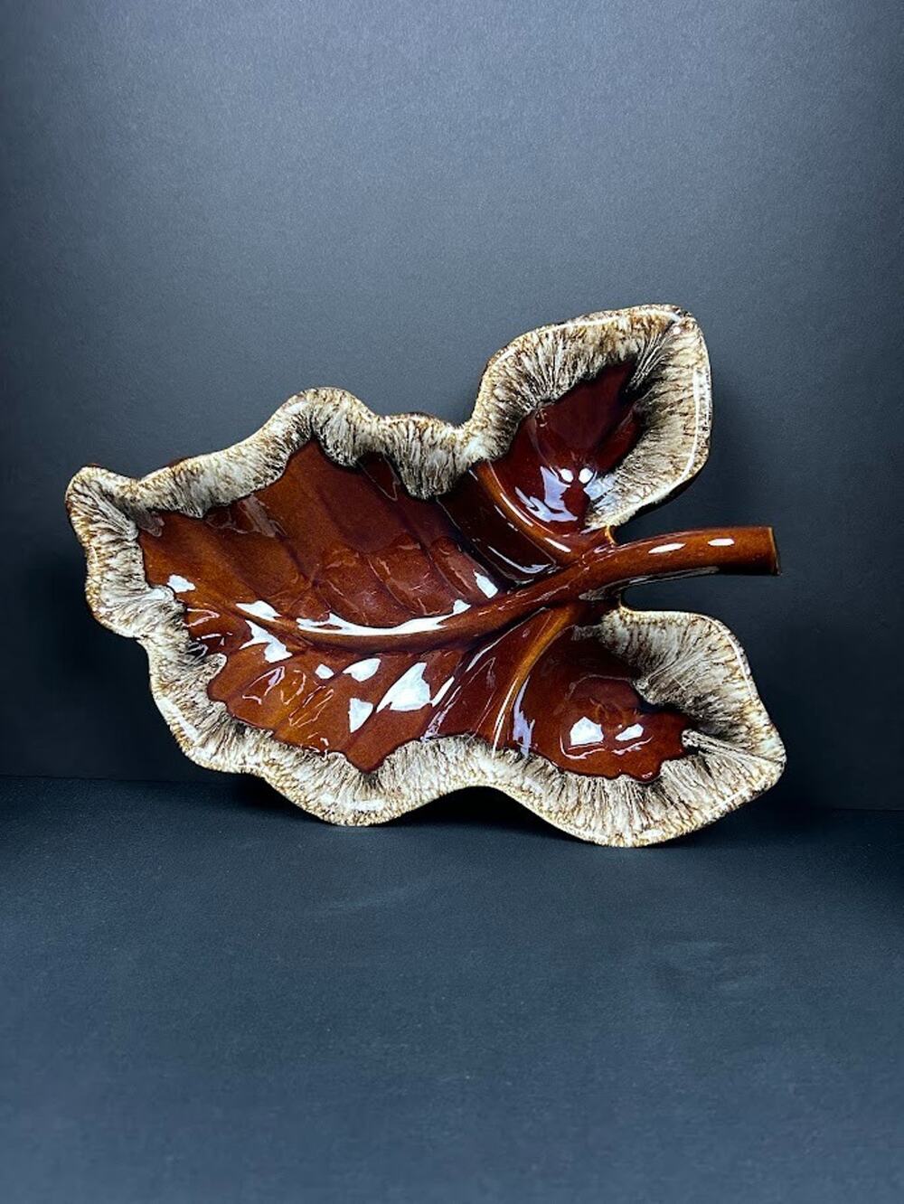Vintage MCM Hull Pottery Brown Drip Leaf 3 Section Divided Platter Home Decor